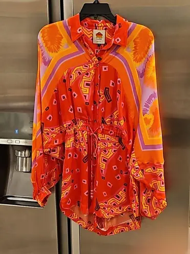 Farm Rio ππ Red Tiki Bananas Scarf Sleeve Romper ~ Tie Dye Cashew Small S NWT