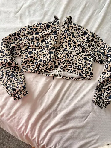 Forever 21 Leopard Cropped Half Zip Up