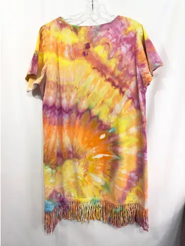 Las Olas Large Dress Handmade Tie Dye Fringe Hem Short Sleeve Shift Knee249