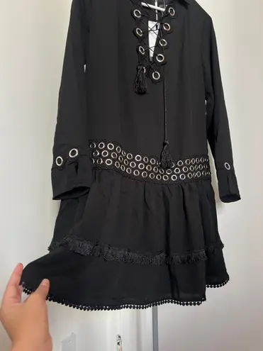 Endless Rose Black Lace-Up Mini Dress Eyelet Details Fringe Ruffle Sz Small
