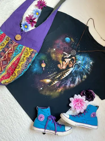 Vintage Native American chief cosmic galaxy smoke graphic short sleeve tee Black