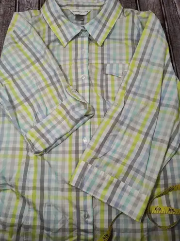 Christopher & Banks  Shirt Women's Large Blue Lime Gray White Plaid Button Up