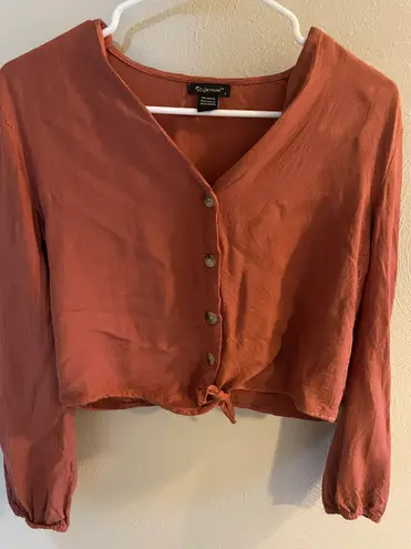 Style House Long Sleeve Orange Button Tie Blouse