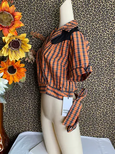 Unique Vintage NWT  50’s Western Black/Orange Plaid Wrap Star Crop Top 2X-LARGE