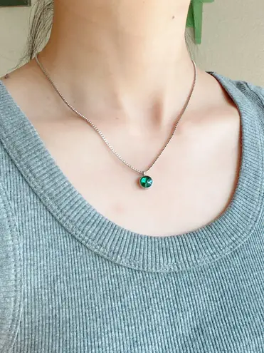 Handmade stainless steel chain & green glass crystal chic vintage retro style simple necklace💚