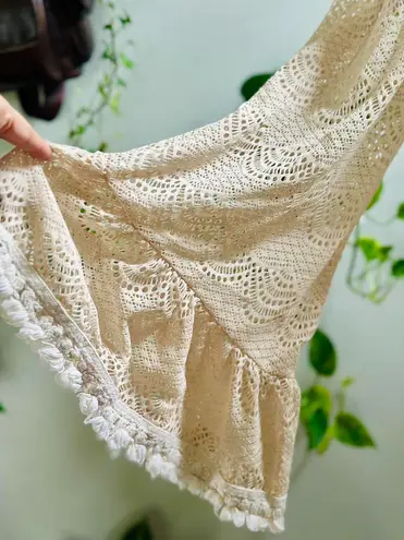 Willow + Root Crochet Fringe Trim Bell Sleeve Tie-Front Top – Size Small