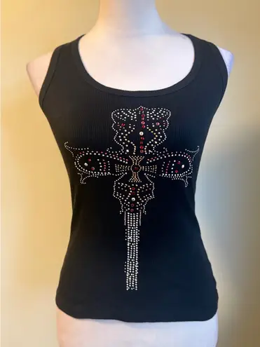 Y2K Black Tank Top Rhinestone Cross Sleeveless fairy boho western Texas bling sm