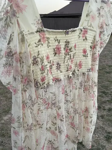 Square neck floral print sweet coquette sheer long sleeve top Pink Size L