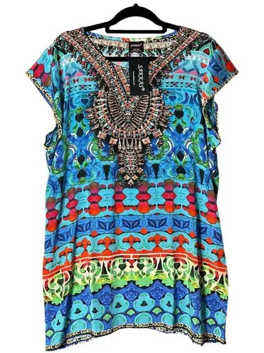 Sakkas Cover Up Womens OS Blue Multi Color V Neck Beach Dress Rhinestones NEW Size undefined