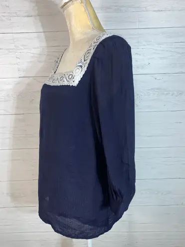 Nanette Lepore Navy Blue White Lace Blouse Top 3/4 Puff Sleeve Square Neck S