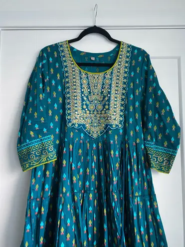 Teal Blue Embroidered & printed Anarkali Long Kurta Kurti Flare Fairy New Size XL
