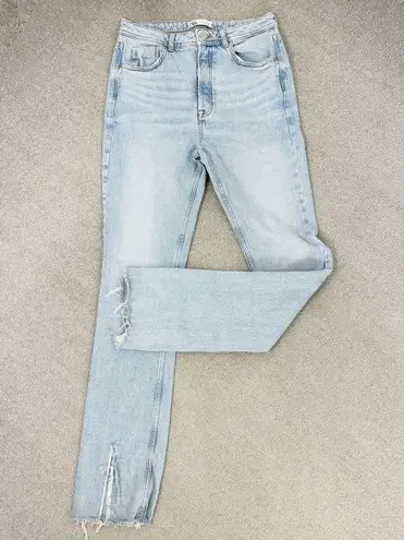 ZARA  Distressed Split Leg High Rise Straight Leg Jeans Light Blue Size 6 Raw Hem