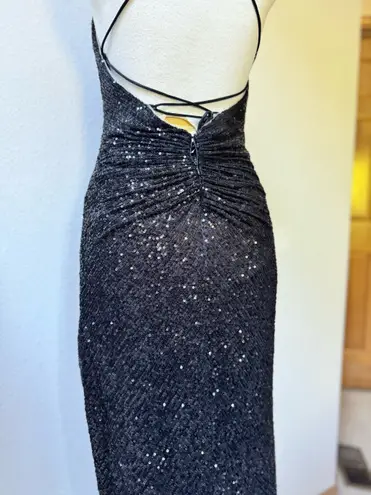 Cinderella Divine Black Sequin Sparkly Open Leg Prom Dress with Open Back
