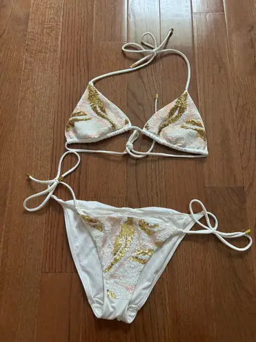 Victoria's Secret Y2k Victoria’s secret sequined white and gold triangle tie bikini top and bottom 