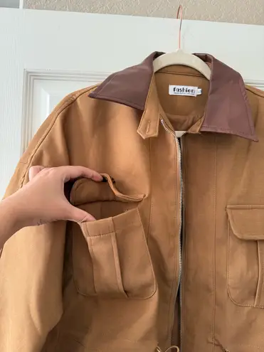 Brown Front Pocket Drawstring Cross Charm Zipper Jacket Size XL