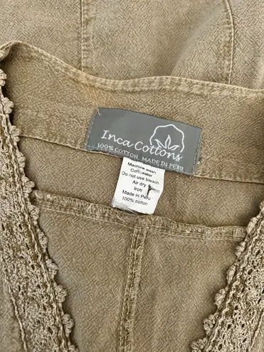 Inca Cottons Peru Large Washed Tan Embroidered Button Up 3/4 Sleeve V-neck Top