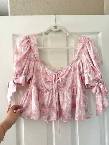 WAYF Terry Top Floral Print Puff Sleeve Peplum Top in Pink Mini Roses
