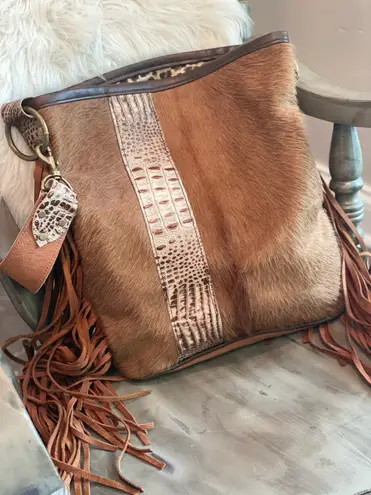 Boutique Large Hair On Hide Leather Tote Bag With Fringe Accents