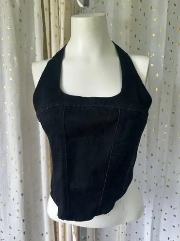 Hunter & Brown NWT Women's Denim Square Neck Halter Smocked Back Crop Top M Black Size M