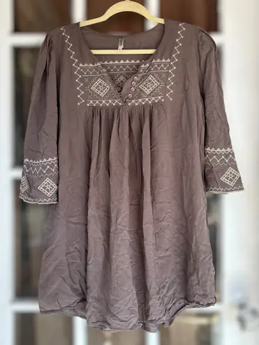 Monoreno Women's Large Brown Southwestern Embroidered Peasant Boho Tunic Top