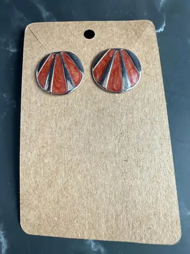 Vintage 80's Retro Metal & enamel Rust Fashion Circle Stud Earrings 1in Brown