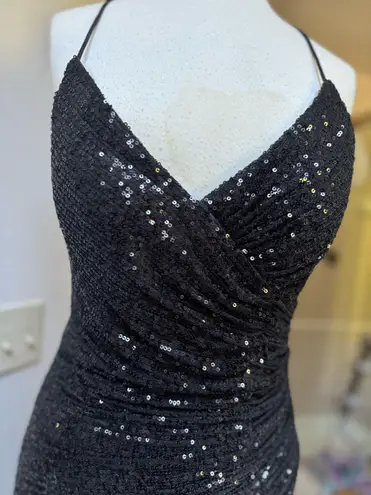 Cinderella Divine Black Sequin Sparkly Open Leg Prom Dress with Open Back