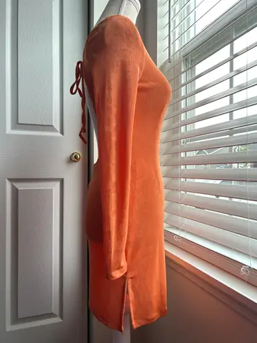 LIONESS Montana Shimmer Orange Open Back Long Sleeve Mini Dress