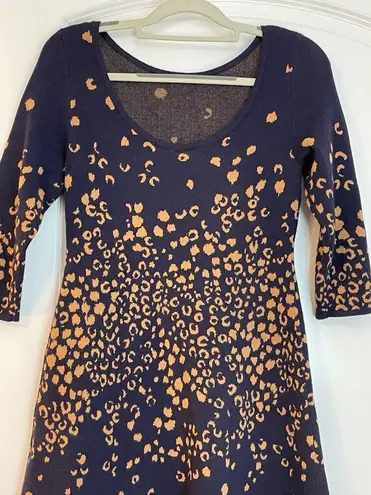 Maeve  Navy Leopard Print 3/4 Sleeve Mini Scoop Neck Sweater Dress XS