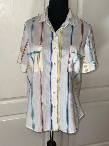 VTG CARIBOU WHITE MULTI COLOR VERTICAL STRIPE BUTTON UP SHORT SLEEVE