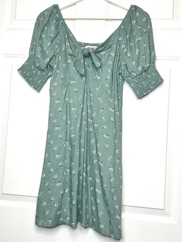Mimi Chica Green Floral Print Tie Front Smocked Short Sleeve Mini Dress Medium