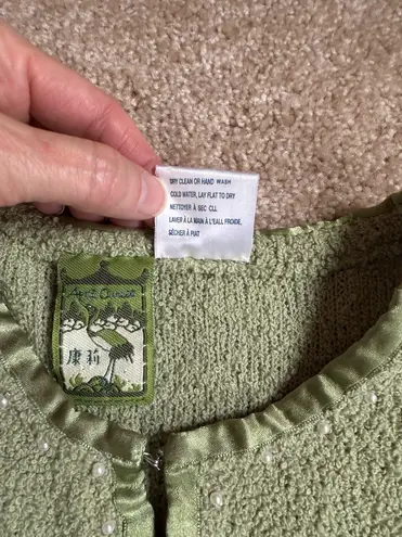 April Cornell. Vintage Celery Green Cardigan W/ Satin & Pearl Details. Size Small