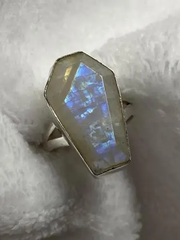 925 Silver Natural Rainbow Moonstone Gemstone Ring Size 5.75