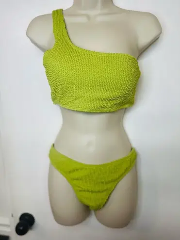 Women's Ribbed Bikini Set One Shoulder Top with Mid Waist Two Piece Size M Green Size M