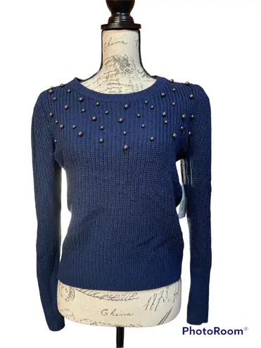 a.n.a a new approach Blue Long Sleeve Pearl Knitted Sweater, Small