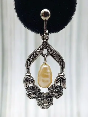 Vintage Silver Tone Drop Dangle Faux Pearl & Floral Hoop Earrings Clip On 1.75"
