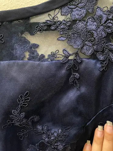 M/L Blue Floral Embroidered Transparent Mesh Long Sleeve Lined Zip Up Maxi Gown Size L