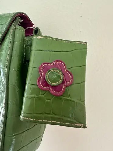Green alligator print leather shoulder bag and matching wallet