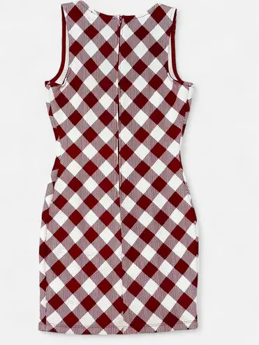 Sarah La Petite Small Western Gingham Checkered Bodycon maroon wide strap casual dress