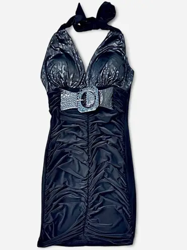 Joyce Leslie Vintage 90s Midnight Black halter mini body-con dress with attached belt XXS