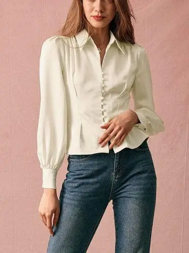 Rihoas Solid Collared Puff Sleeve Satin Blouse Size XS