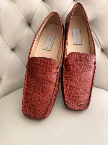 Unisa Talbots Women Brown Croc Embossed Leather Loafers Moccasins Slip-On Flats