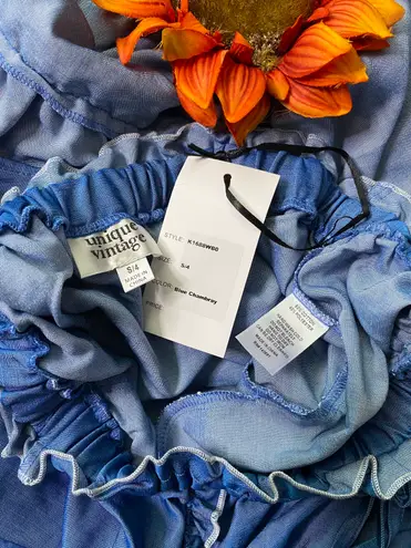 Unique Vintage NWT 1970s Chambray Ruffle Tiered Midi Skirt SMALL