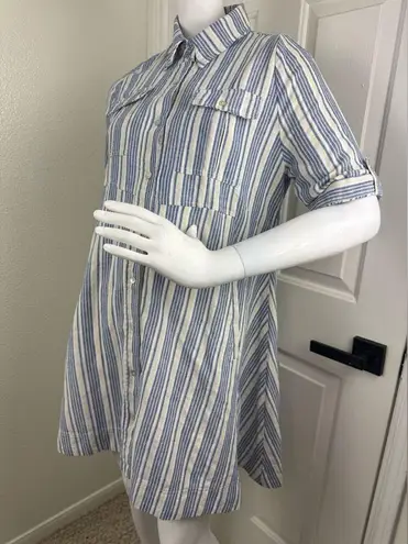 Dreamers Heroes & Blue/White/Taupe Stripe Linen Blend Shirt Dress Sz M. #239