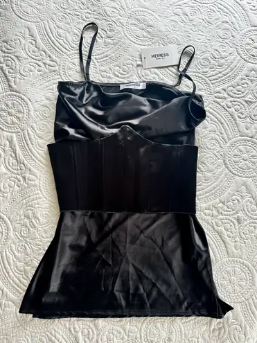 Heiress Beverly Hills Black Corset Satin Slip Dress in Black