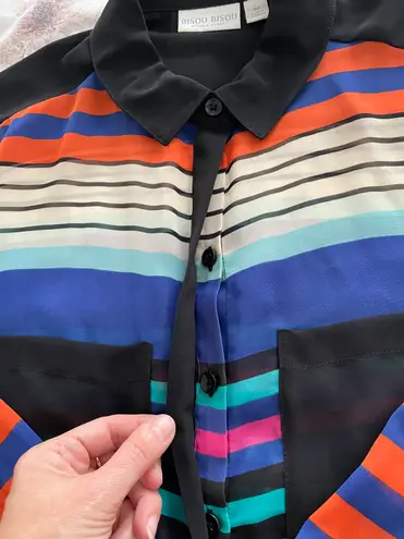 Bisou Bisou Sheer Button Up Striped Multicolored Blouse, size M