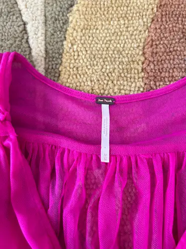 Free People Like-New  Making Me Smile Top Hot Pink Sheer Mesh Ruffle Medium