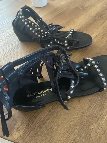 Saint Laurent Paris Nu Pieds Fringe & Studded Black Sandals