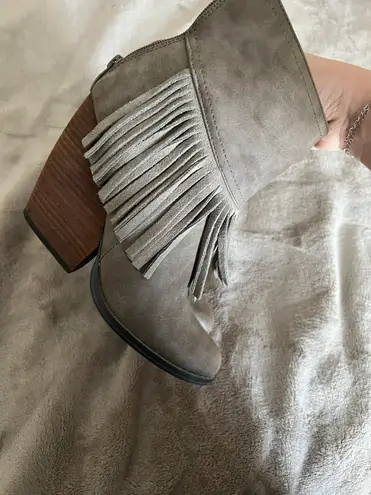 Very Volatile Taupe Fringe Booties