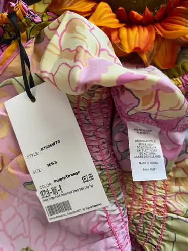 Unique Vintage NTAGE Pink & Yellow Floral Breezy Babe Crop Top SMALL