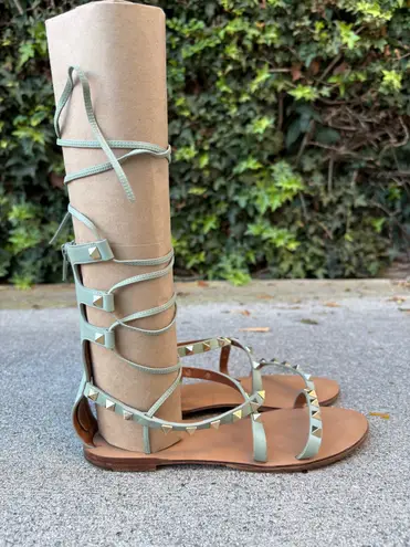 Valentino Garavani Valentino Rockstud flat lace-up mint green leather gladiator sandals size IT 37